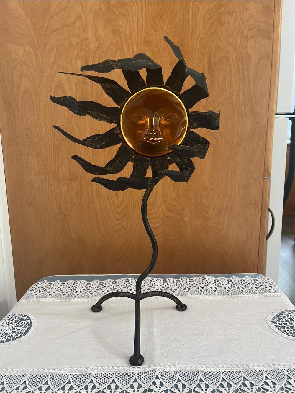 90s Celestial Wrought Iron Sun Face Votive Candle Holder Amber Art Glass